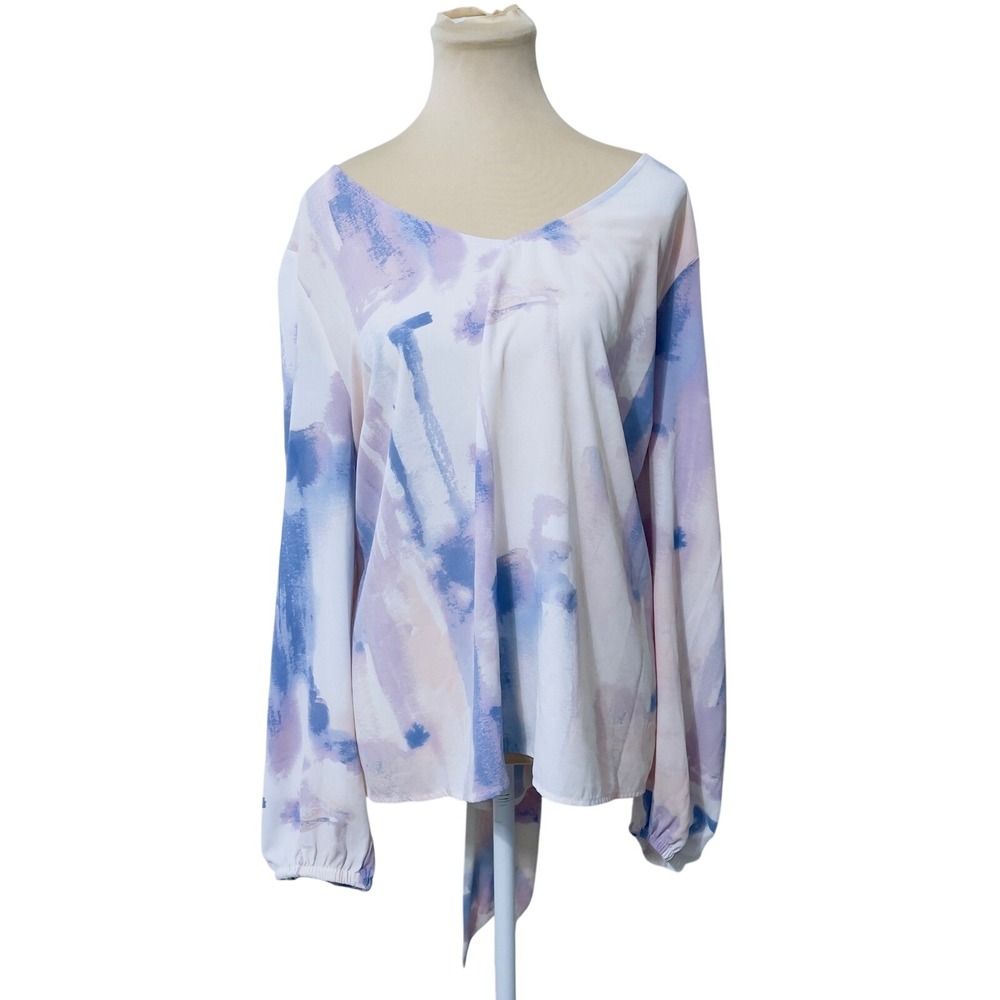 EVRI Abstract Watercolor Tie Back Blouse 1X Purple Blue Pastel Fairycore Boho